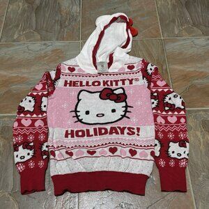 Hello Kitty Girls ‘Ugly’ Christmas Sweater Hearts Cat Ear Hood Medium Holidays